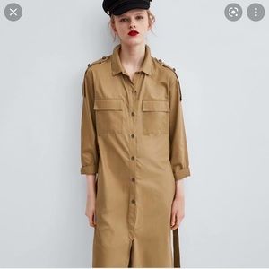 Zara Beige Cotton Midi Belted Slit Shirt Dress